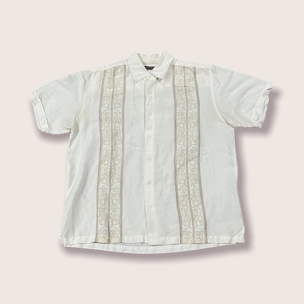 Cubavera White and Beige Embroidered Short Sleeve Button Down Shirt Sz Large